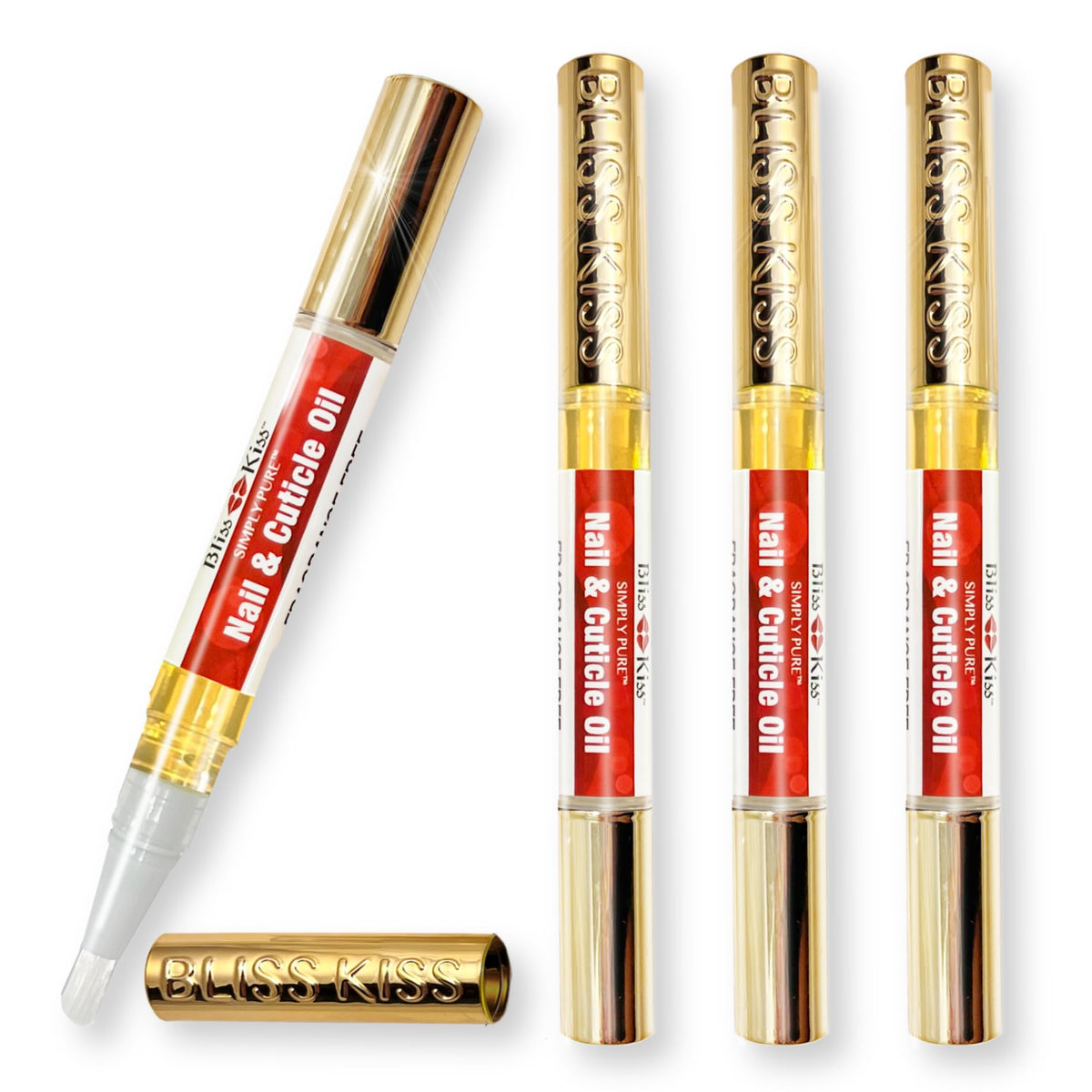 Bliss Kiss fragrance-free nail oil pen cap close-up, showing quick-absorbing cuticle hydration.