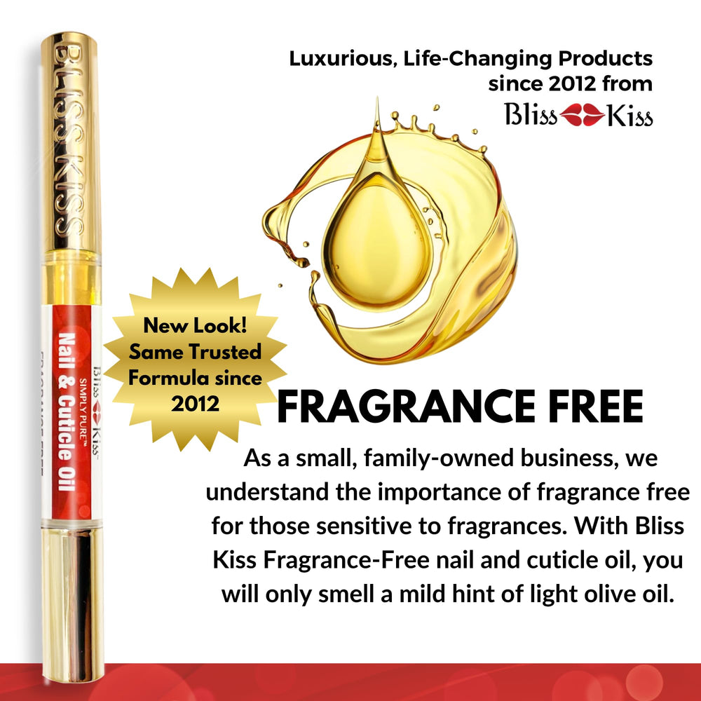Bliss Kiss fragrance-free nail oil pen close-up shows glossy, hydrated nails.