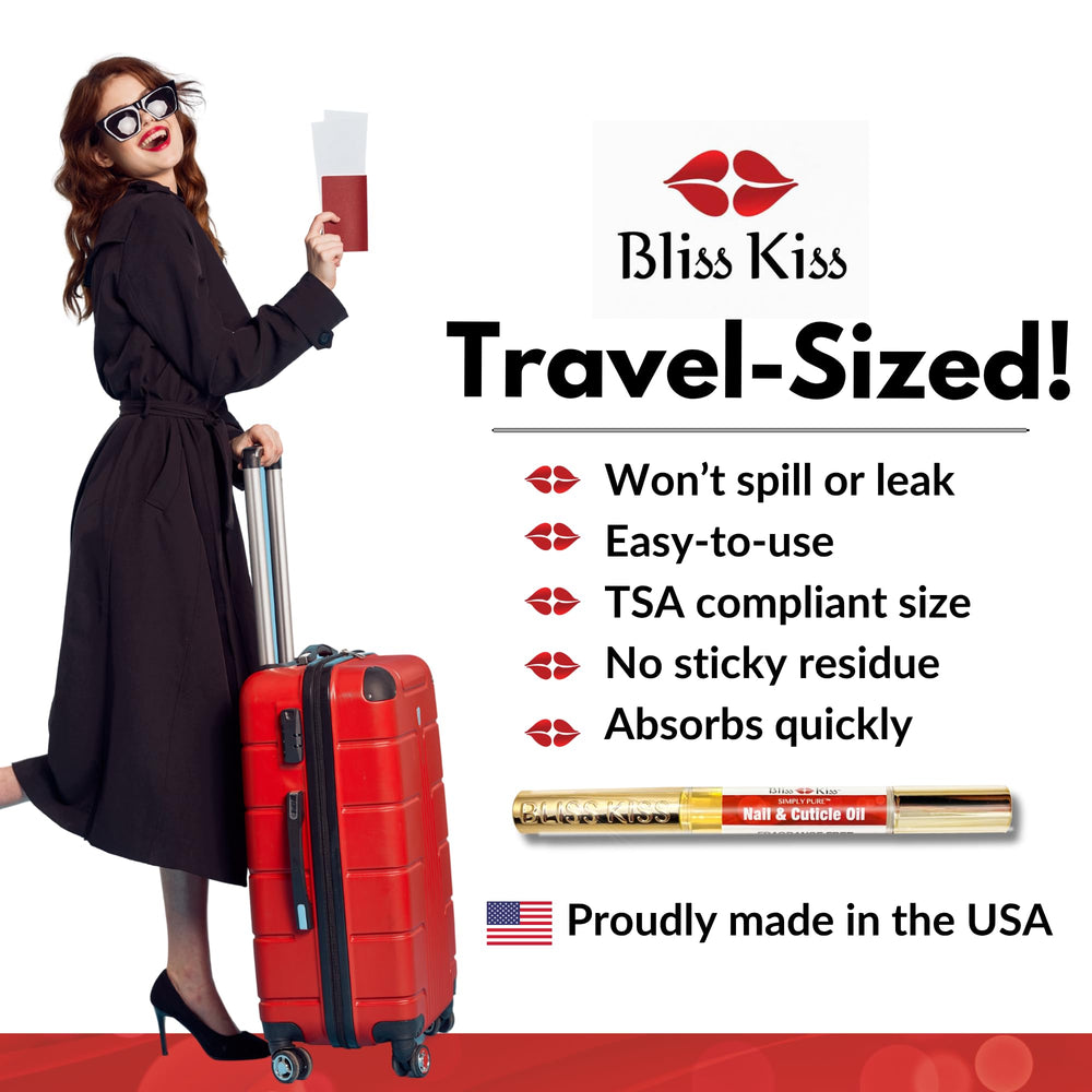Bliss Kiss fragrance-free nail oil pen made in USA, emphasizing quality.