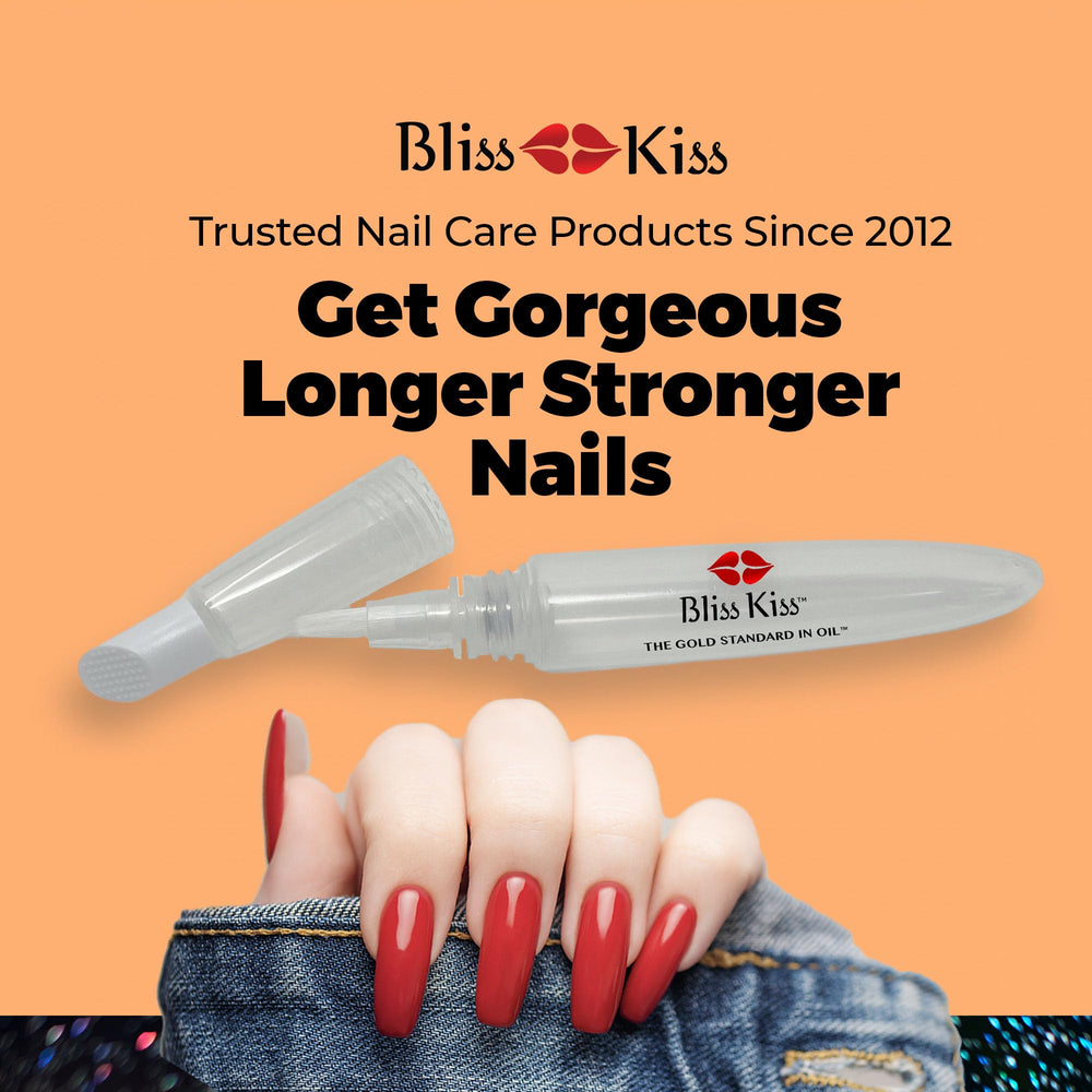 Bliss Kiss refillable squeeze-cuticle oil pen in use for precise cuticle hydration.