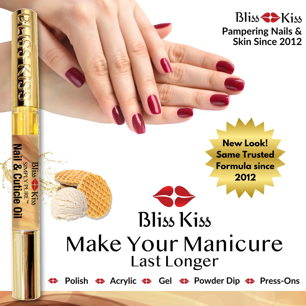 Bliss Kiss Simply Pure Nail Oil Pen cuticle care visuals demonstrate conditioning