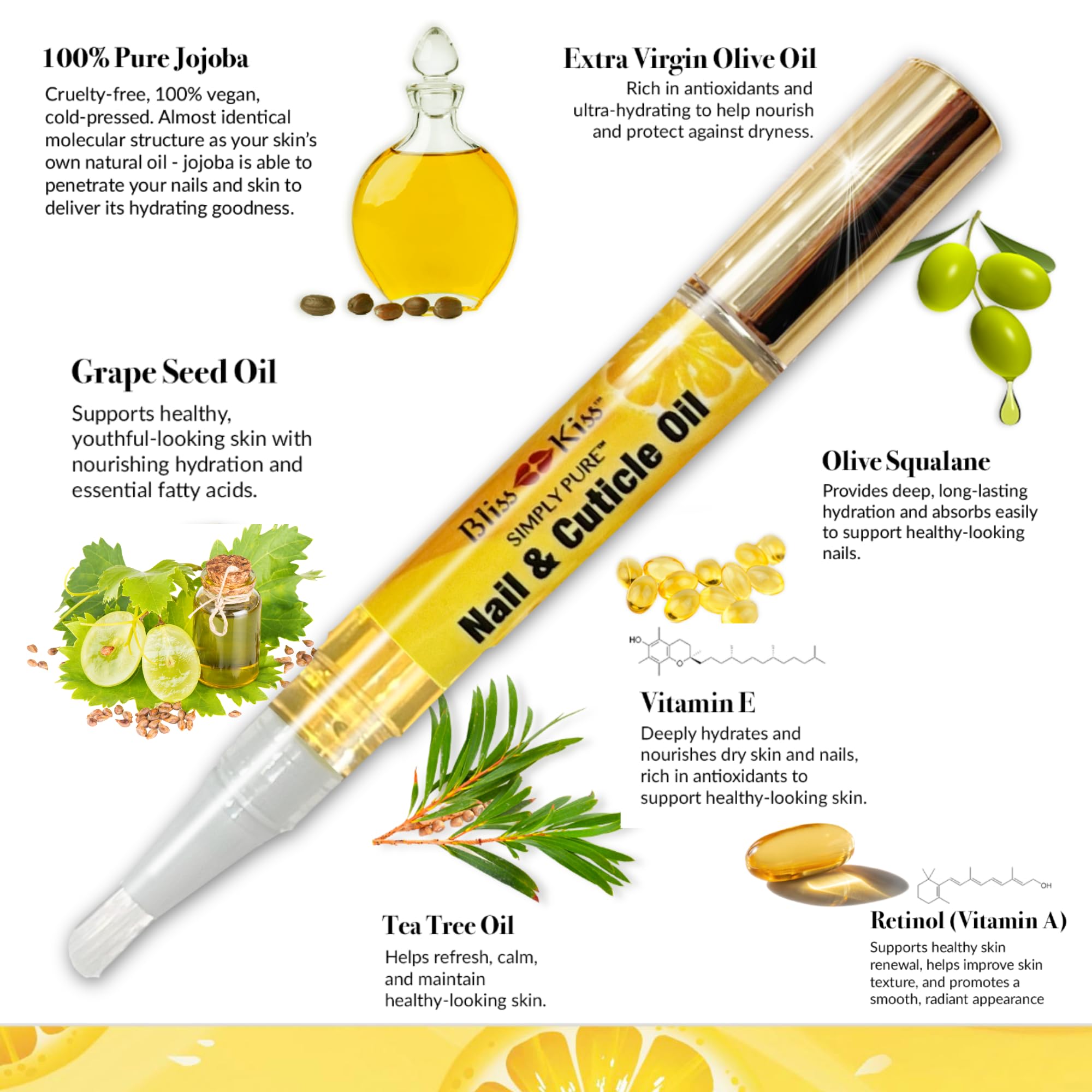 Bliss Kiss Simply Pure nail oil bottle with USA-made seal.