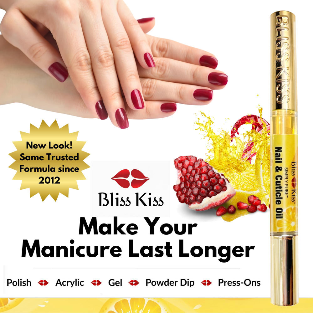 Bliss Kiss vitamin E and jojoba ingredients nourish nails.