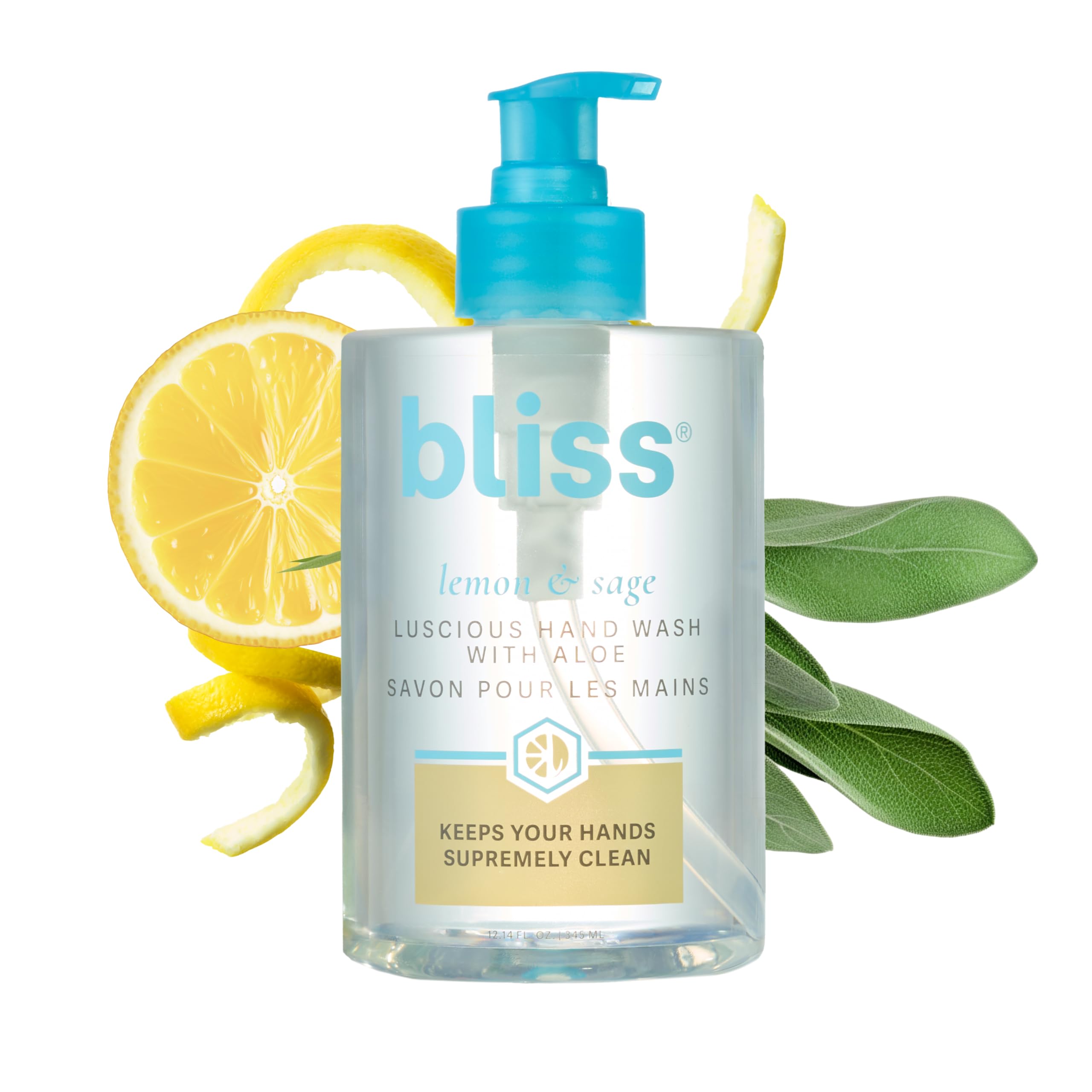 Bliss Lemon & Sage Hand Wash bottle showing hydrating formula for daily use.