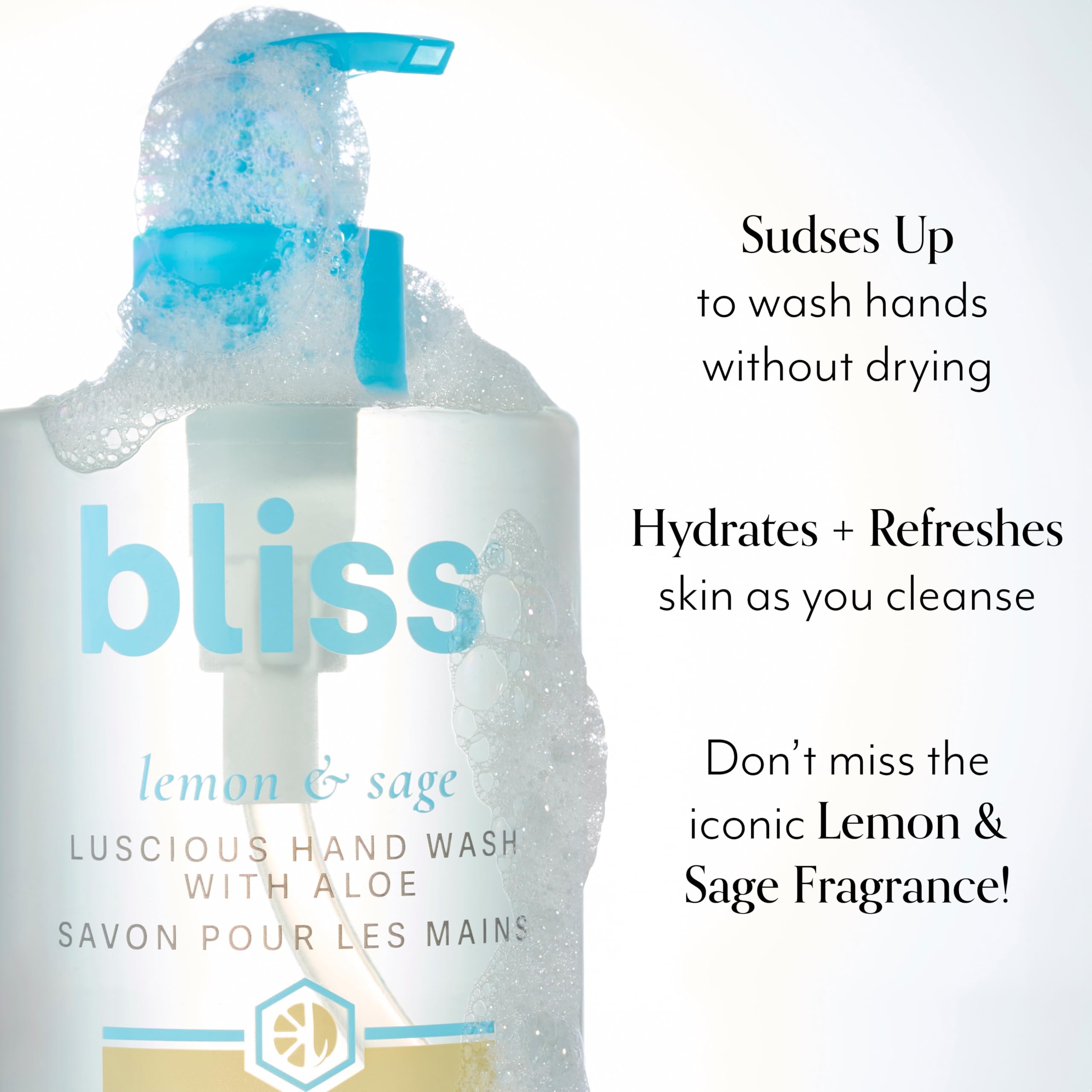 Bliss Lemon & Sage Hand Wash pump dispensing creamy lather for gentle cleansing.