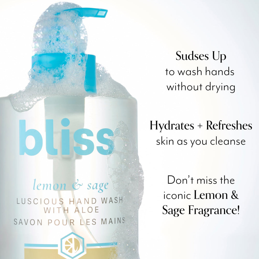 Bliss Lemon & Sage Hand Wash pump dispensing creamy lather for gentle cleansing.