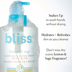 Bliss Lemon & Sage Hand Wash pump dispensing creamy lather for gentle cleansing.