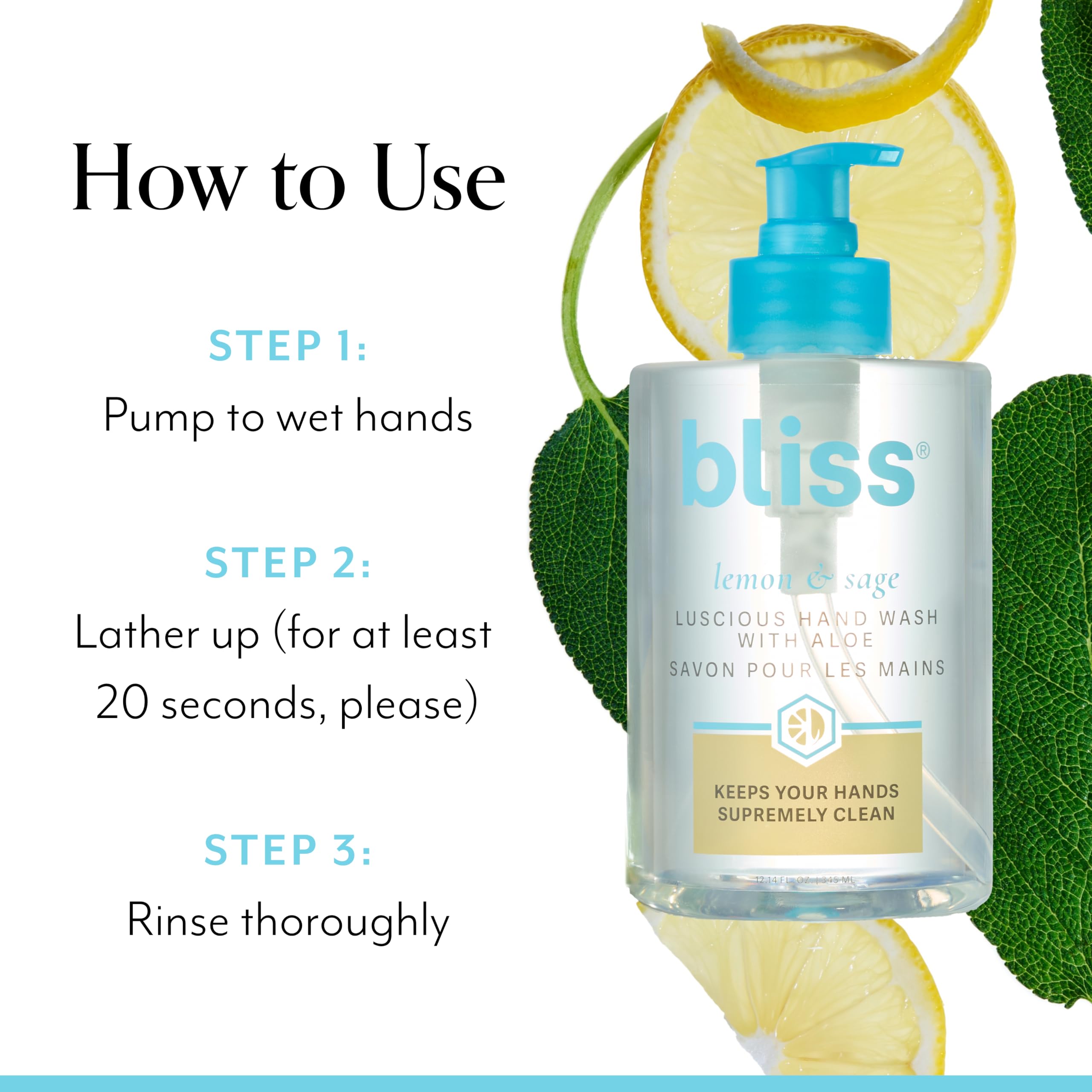 Bliss Lemon & Sage Hand Wash on a sink with a clean, inviting scene.