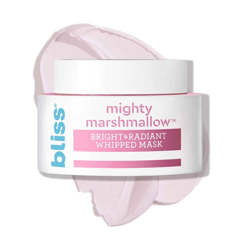 Bliss Mighty Marshmallow Mask jar closeup shows creamy texture and hydration boost