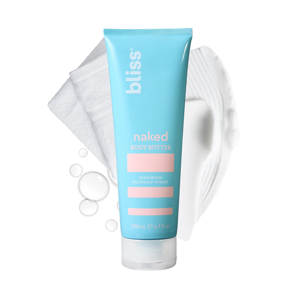 Bliss Naked Body Butter Unscented jar provides fragrance-free hydration for daily skin moisture.