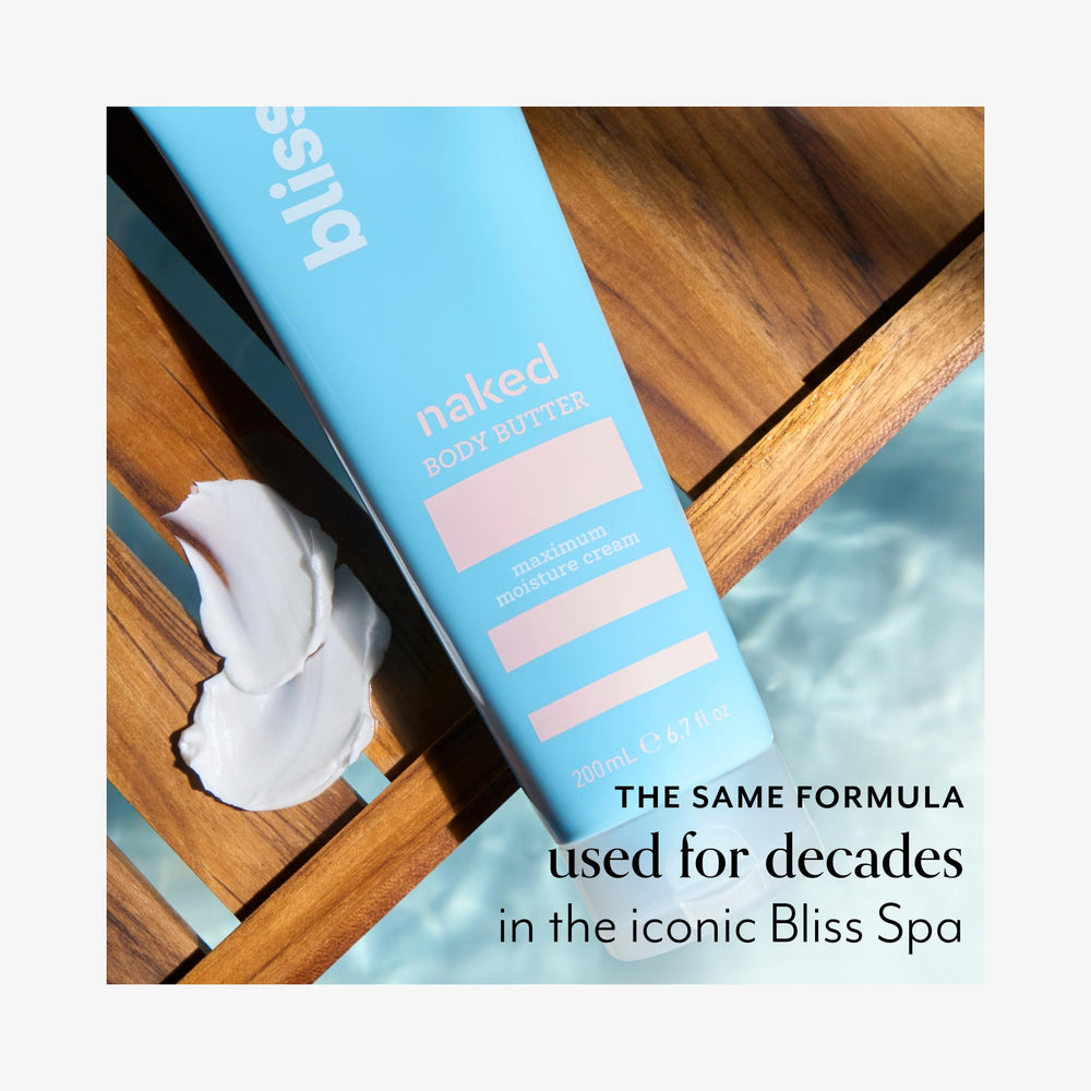 Bliss Naked Body Butter Unscented spa-massage use showcases rich conditioning for dry areas.