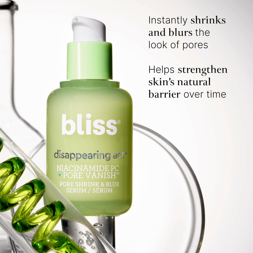 Bliss Niacinamide green tea extract visual emphasizes antioxidant protection for balanced skin.