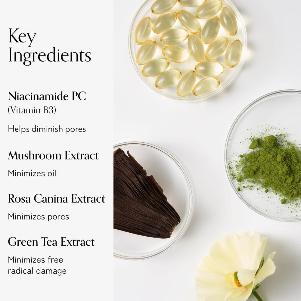 Bliss Niacinamide mushroom extract visual highlights oil control and pore tightening benefits.
