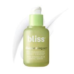 Bliss Niacinamide Pore Vanish bottle closeup highlights compact packaging for effortless daily use.