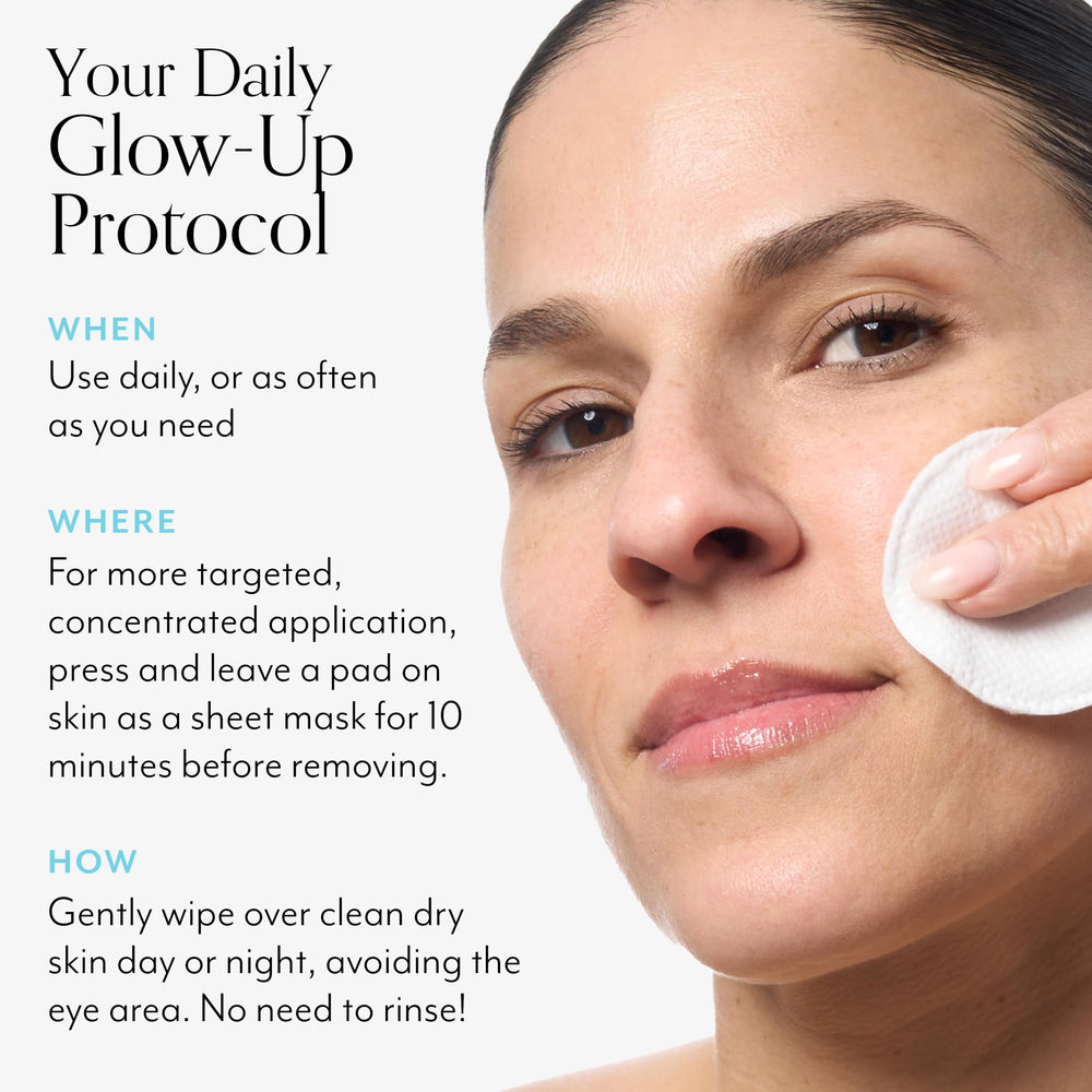 Bliss pre-soaked pads pictured as a convenient sheet-mask-like brightening option.