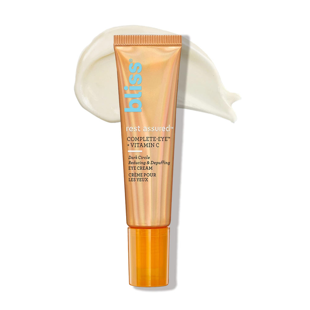 Bliss Rest Assured Eye Cream tube front for daily brightening and de puffing.