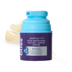 Bliss Retinol Serum bottle front shows fragrance-free anti-aging formula for smoother skin