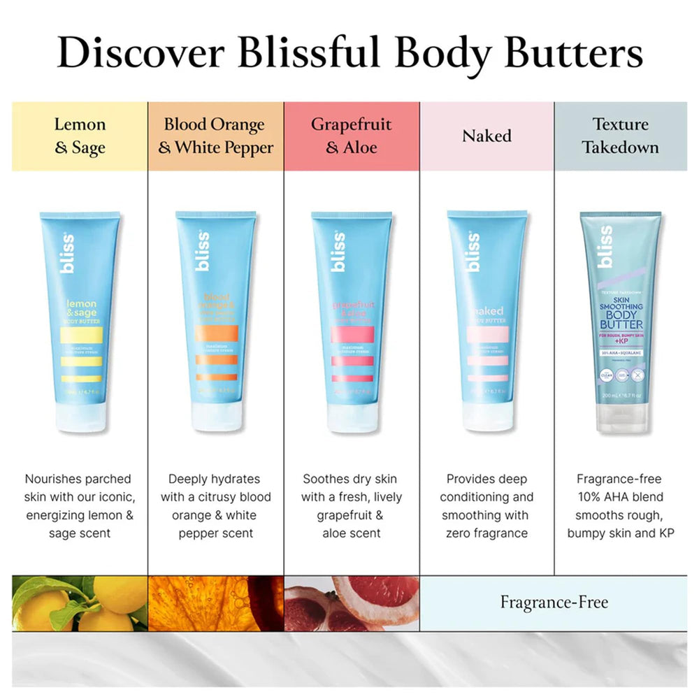 Bliss shea butter and coconut oil ingredients highlight nourishing plant-based hydration.