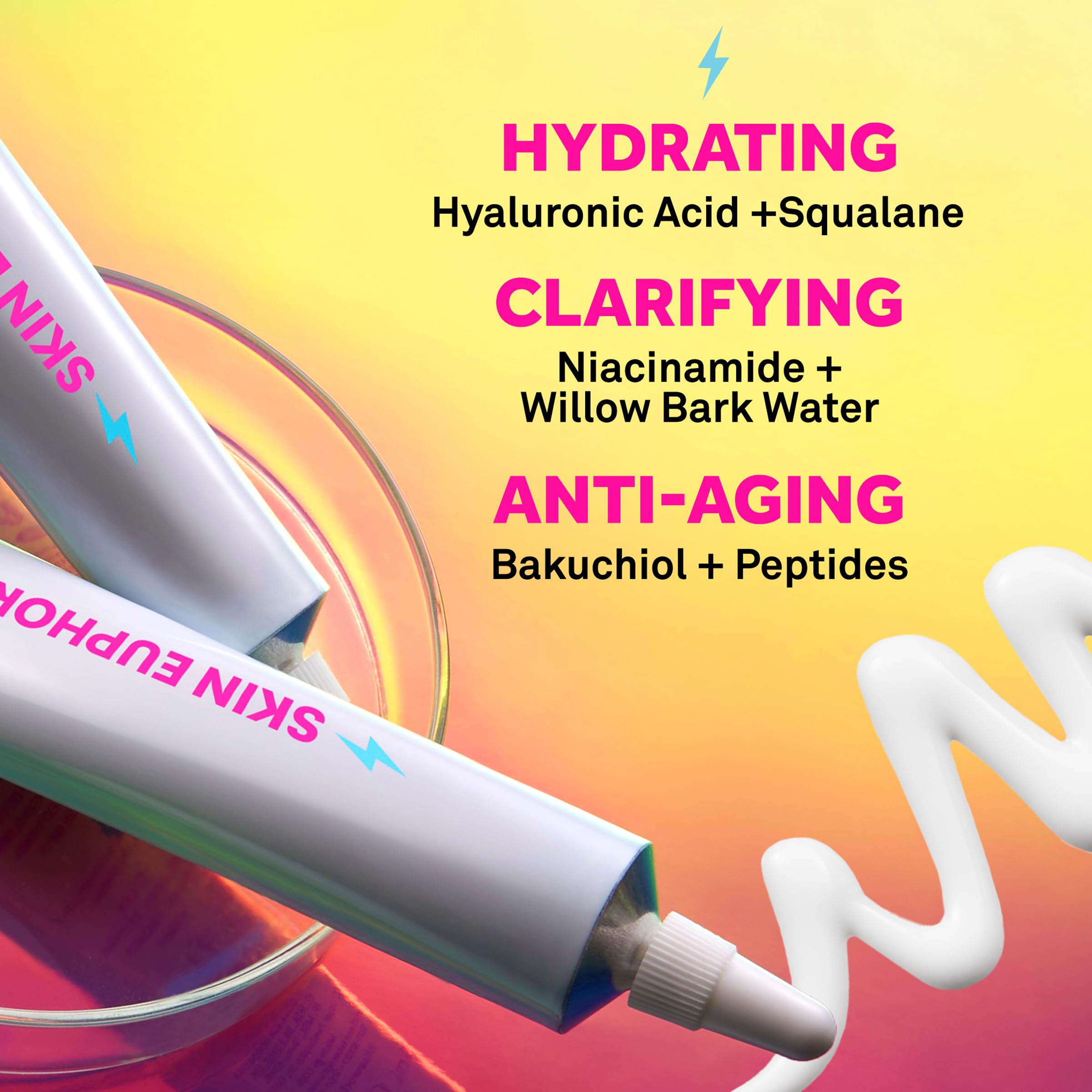 Bliss Skin Euphoria hydration droplets highlight hyaluronic acid moisture.