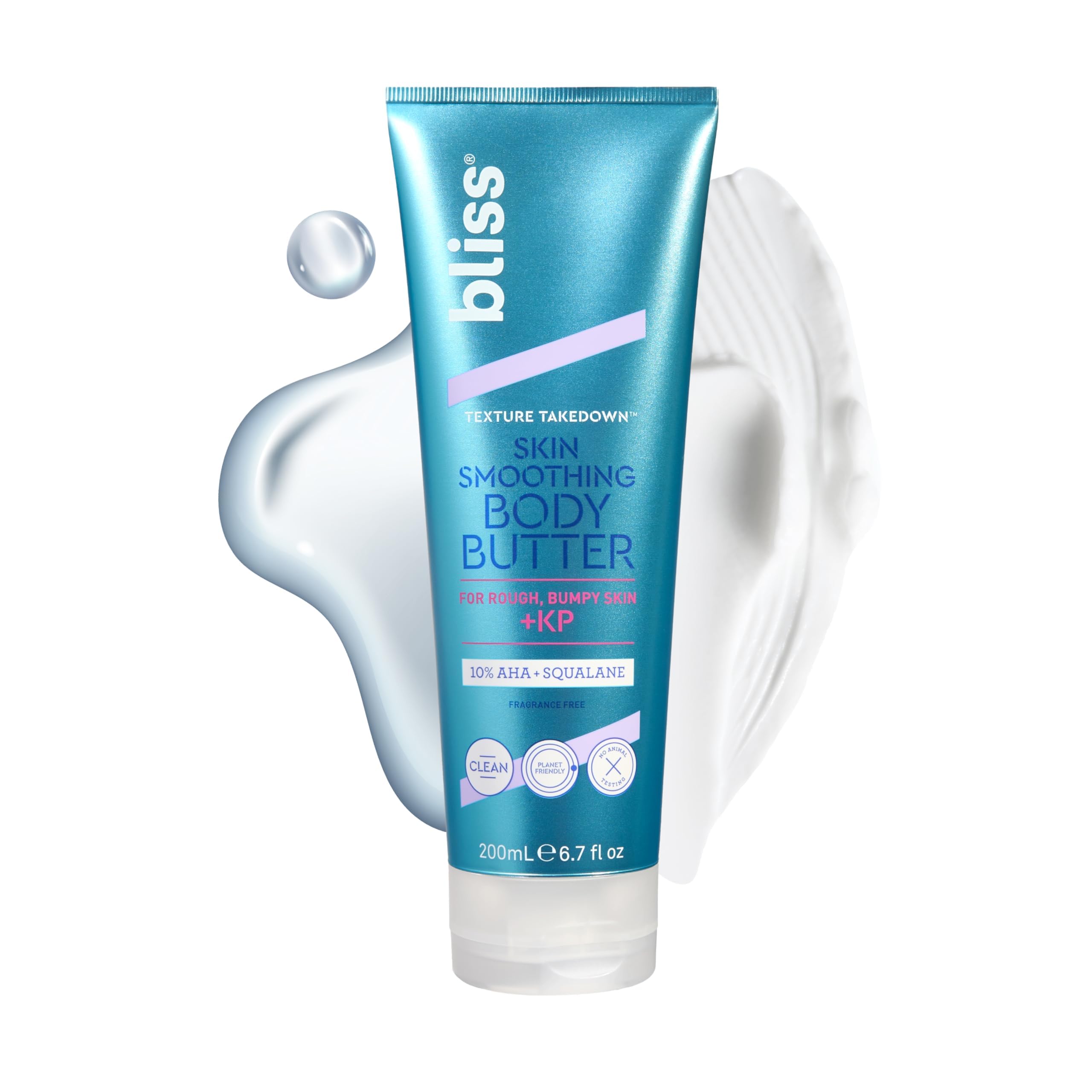 Bliss Texture Takedown bottle closeup shows smoothing for KP-prone skin