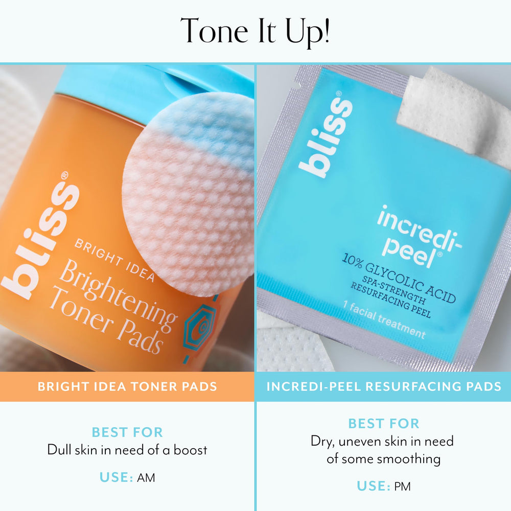 Bliss toner pads shown for morning or night routine application.