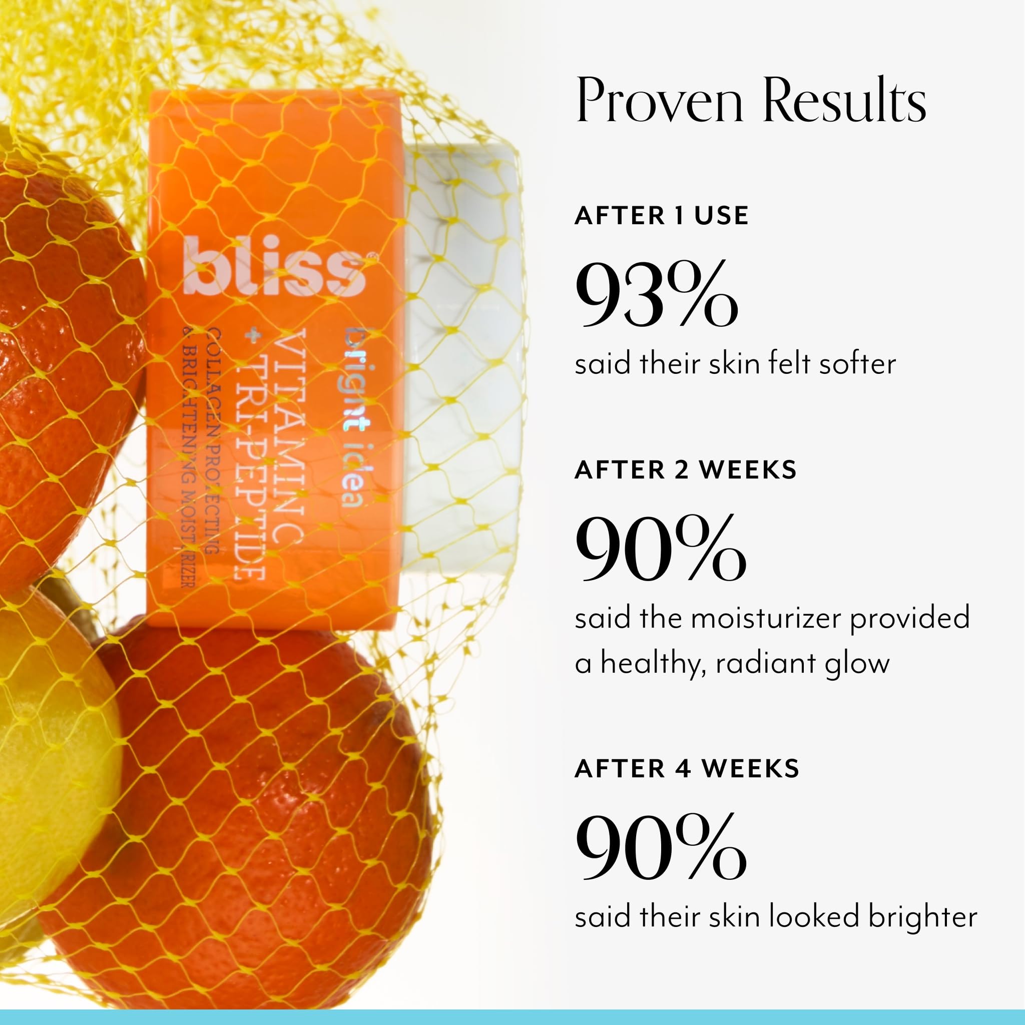 Bliss Vitamin C + Tri-Peptide Brightening Moisturizer cream swirl showcases rich, smooth texture.
