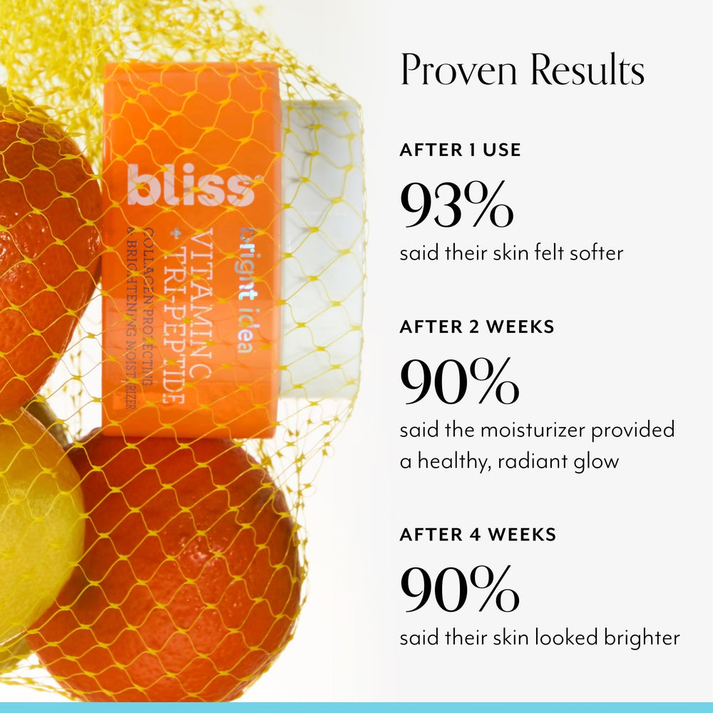 Bliss Vitamin C + Tri-Peptide Brightening Moisturizer cream swirl showcases rich, smooth texture.