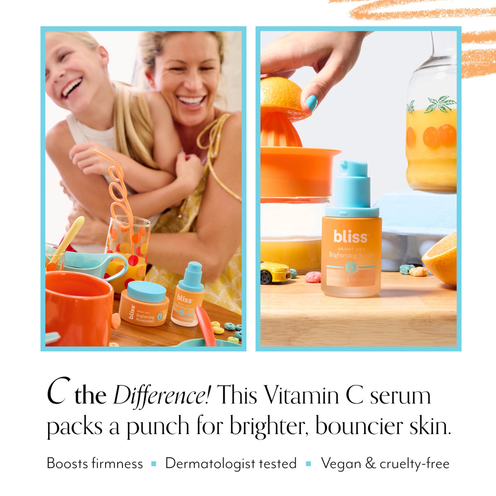Bliss Vitamin C + Tri-Peptide Serum close-up glow hints at brightening results