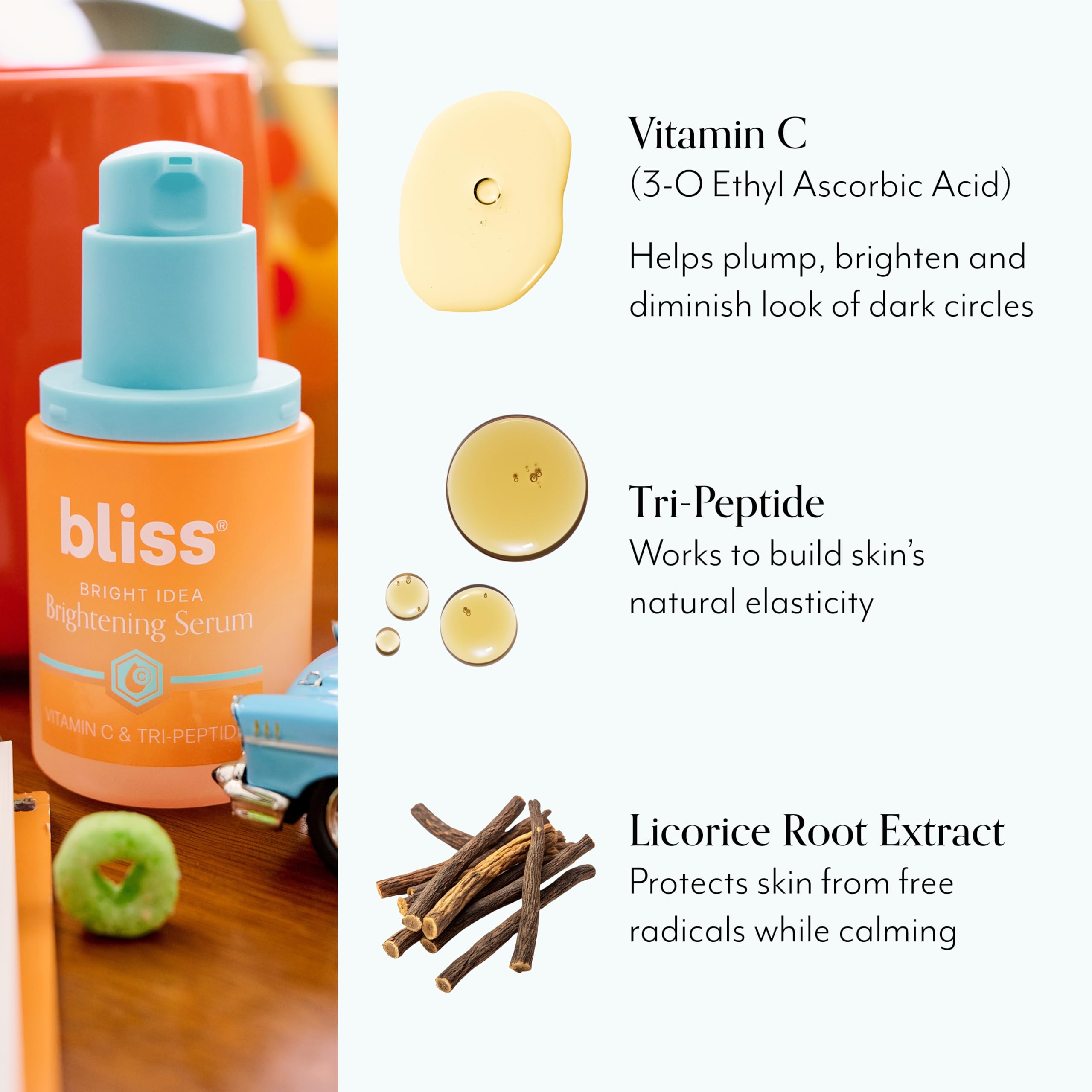 Bliss Vitamin C + Tri-Peptide Serum with green tea visual emphasizes antioxidant protection