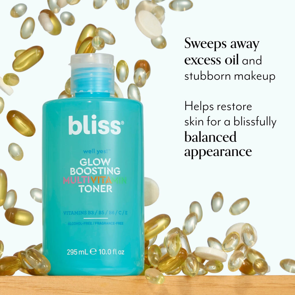 Bliss Well Yes Toner application cotton-pad shows gentle makeup removal and hydration.
