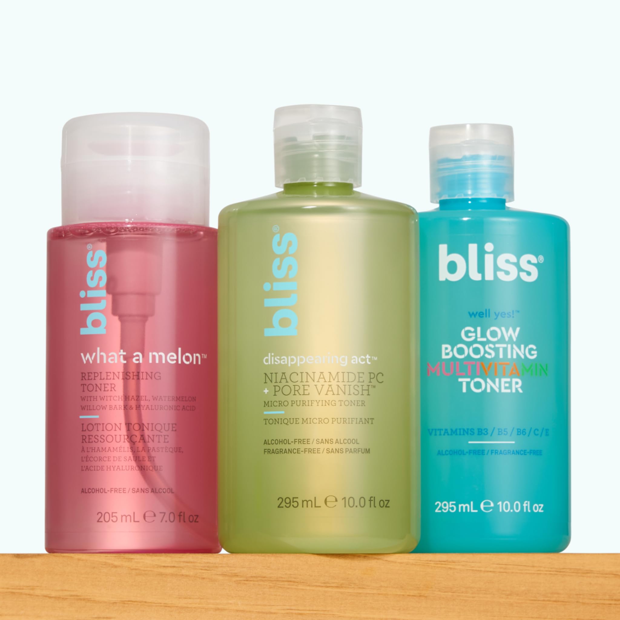 Bliss Well Yes Hydrating Toner on a tidy vanity shelf for daily skincare.