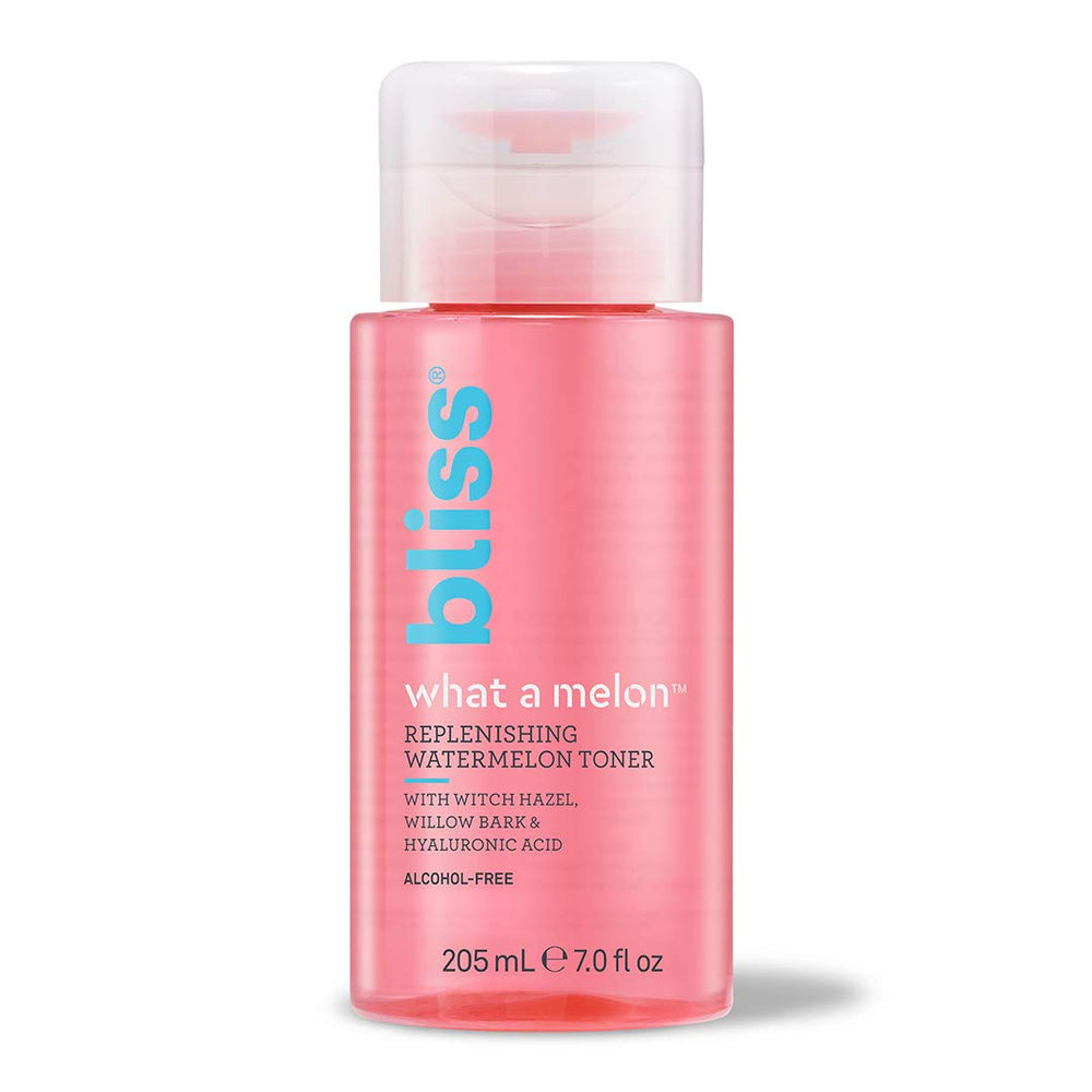 Bliss What a Melon toner label closeup signals clean vegan cruelty-free credentials.