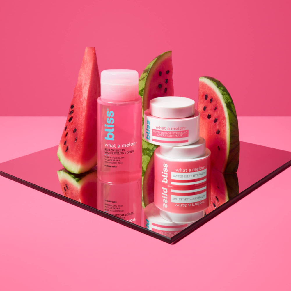 Bliss What a Melon toner bottle showing witch hazel ingredients for pore-friendly care.