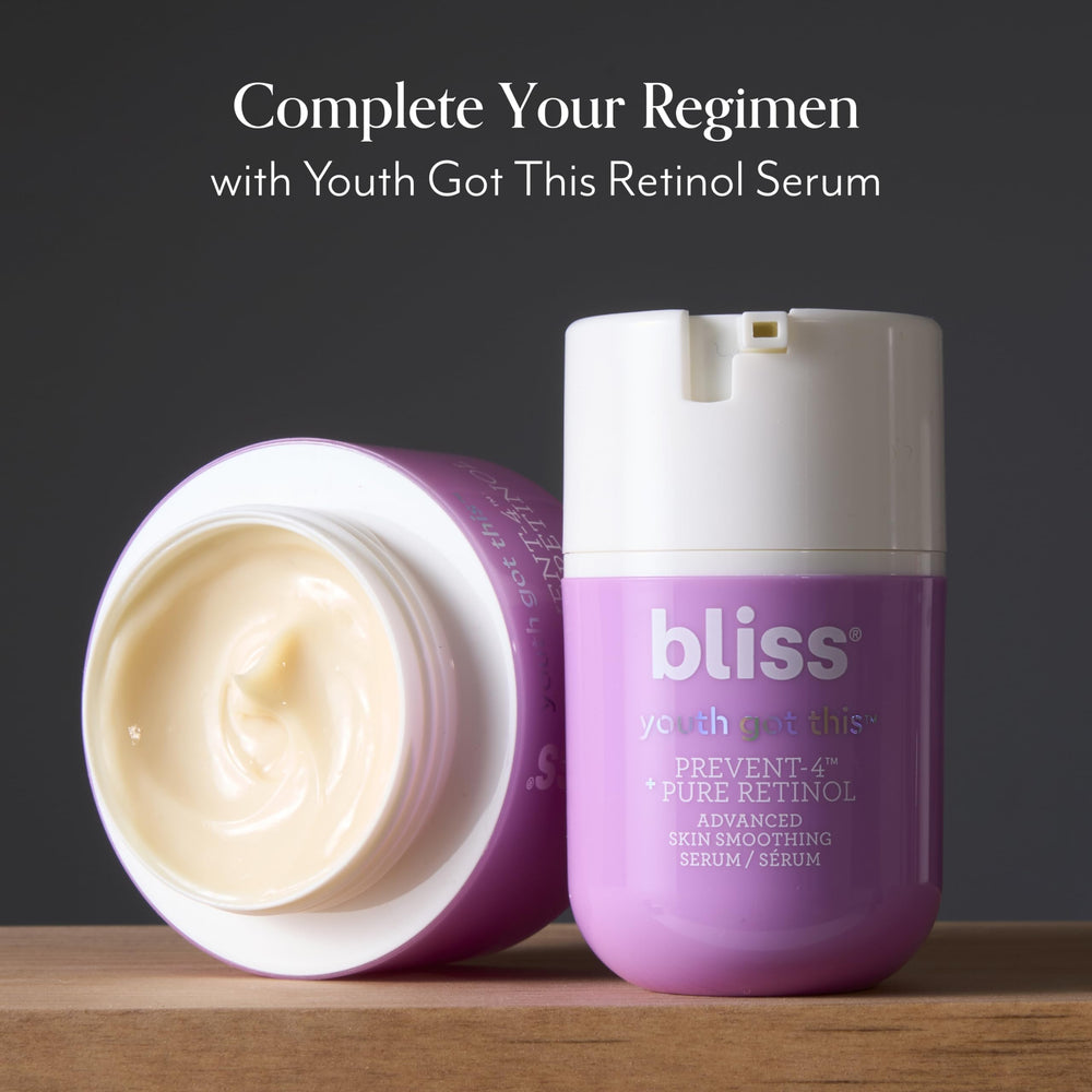 Bliss Youth Got This Retinol Moisturizer bottle emphasizes vegan and cruelty-free ethics.