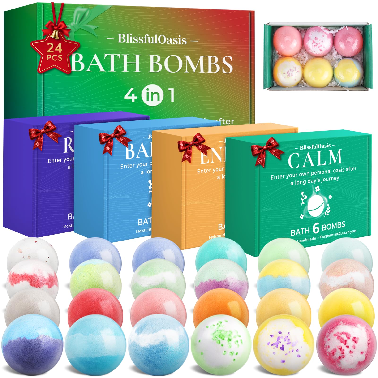 BlissfulOasis bath bombs set front view for a colorful, moisturizing soak.
