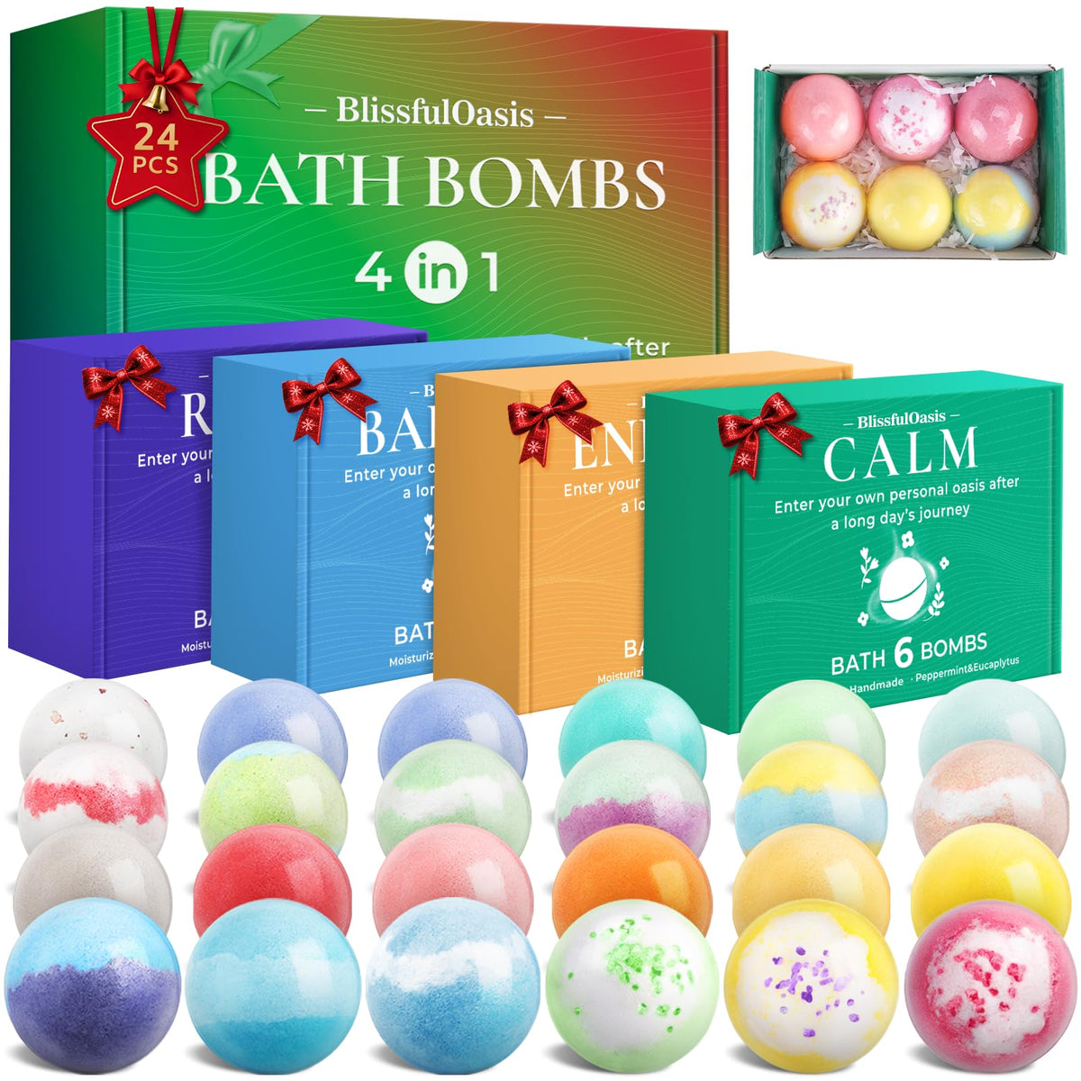 BlissfulOasis bath bombs set front view for a colorful, moisturizing soak.