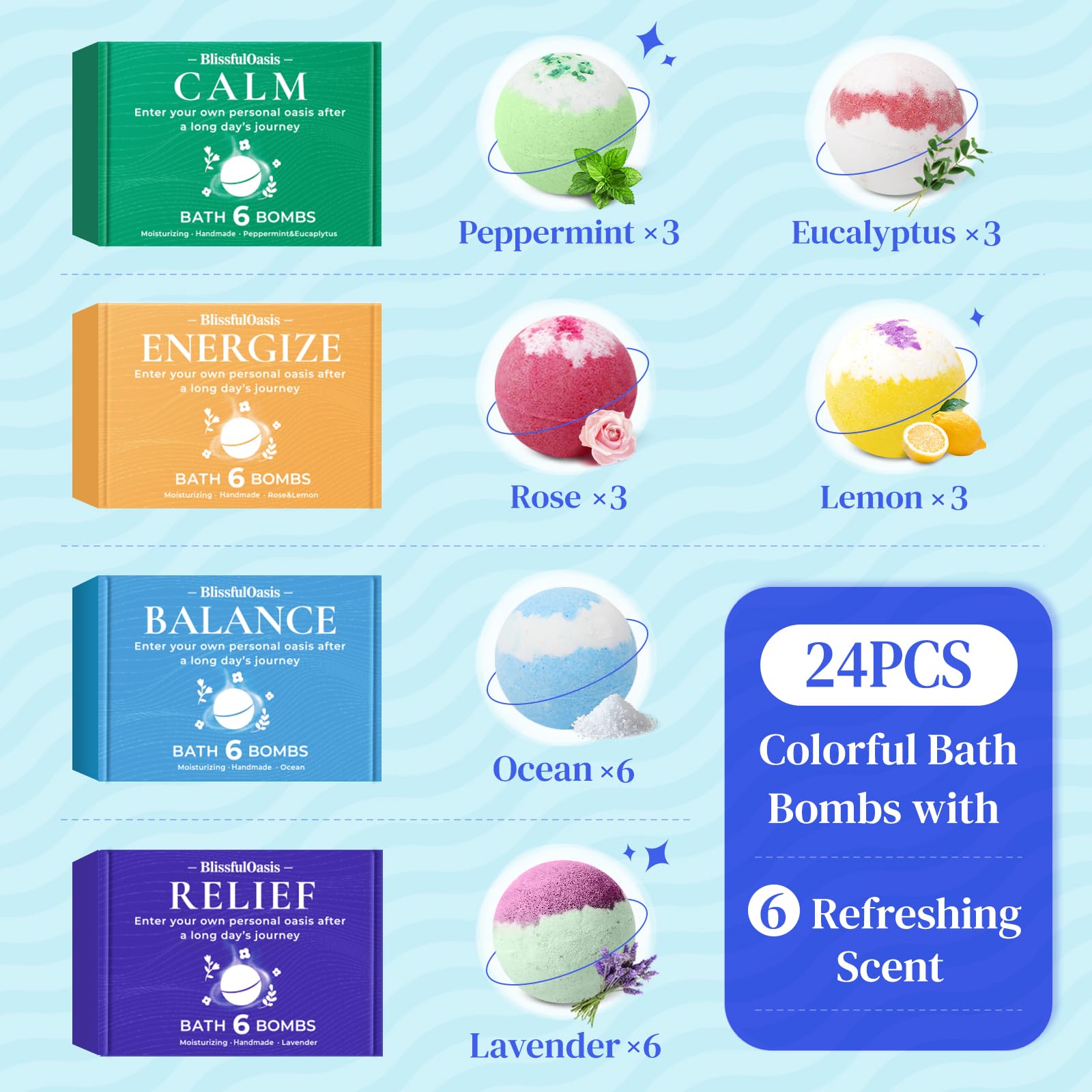 BlissfulOasis bath bombs varieties display showcasing six scents and vibrant swirls.