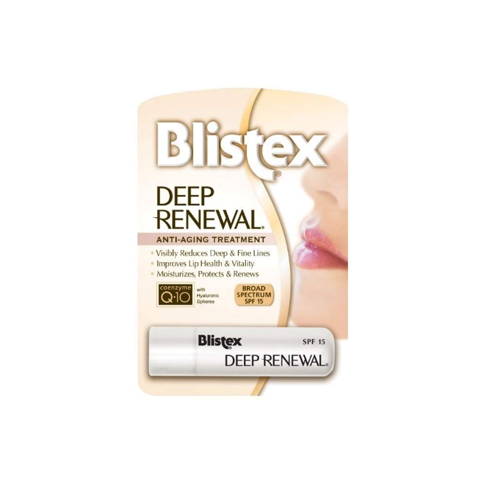 Blistex Deep Renewal lip balm front view with SPF 15 hydration on lips.