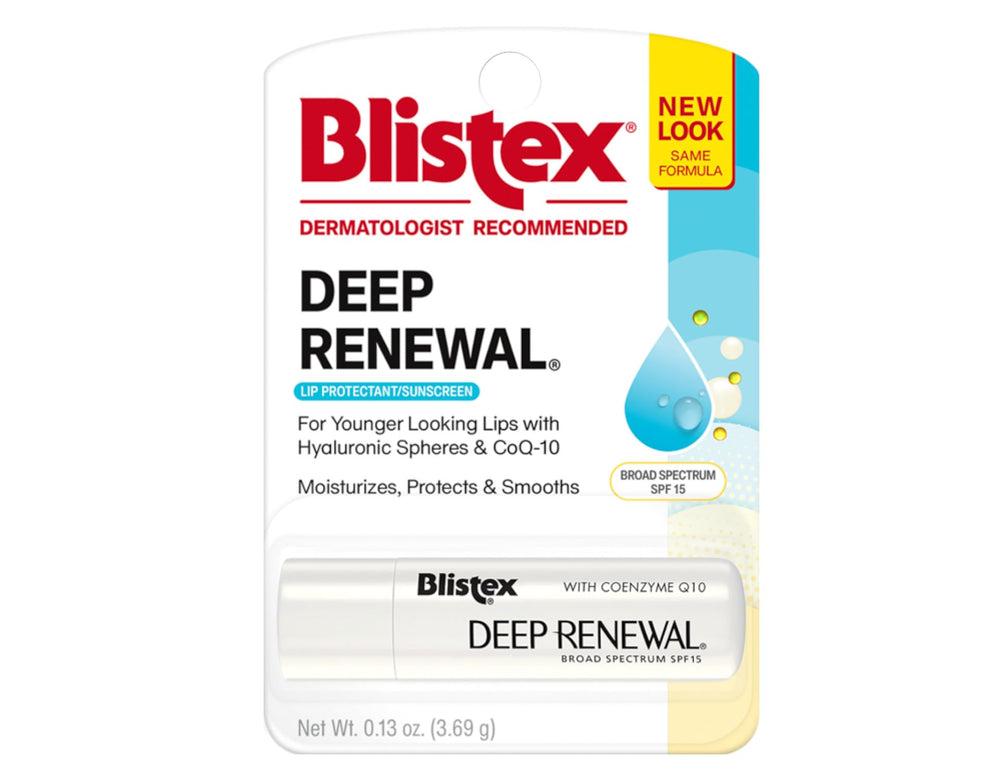 Blistex Deep Renewal lip balm packaging highlights daily SPF 15 protection for active lips.