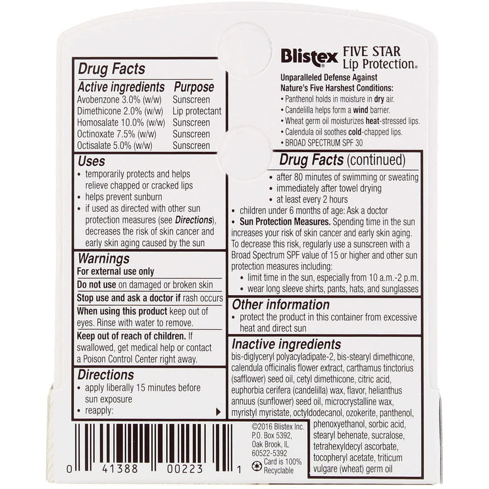 Blistex Five Star Lip Protection SPF 30 tube applying balm for outdoor protection.