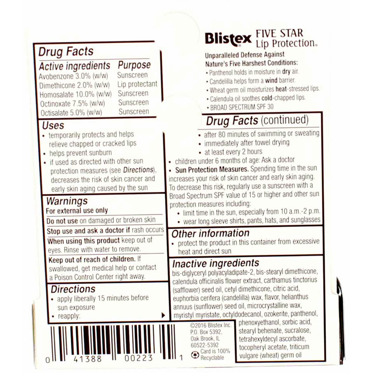 Blistex Five Star Lip Protection SPF 30 logo on label conveys sun protection.