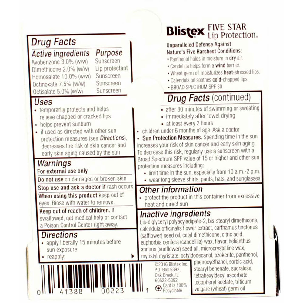 Blistex Five Star Lip Protection SPF 30 logo on label conveys sun protection.