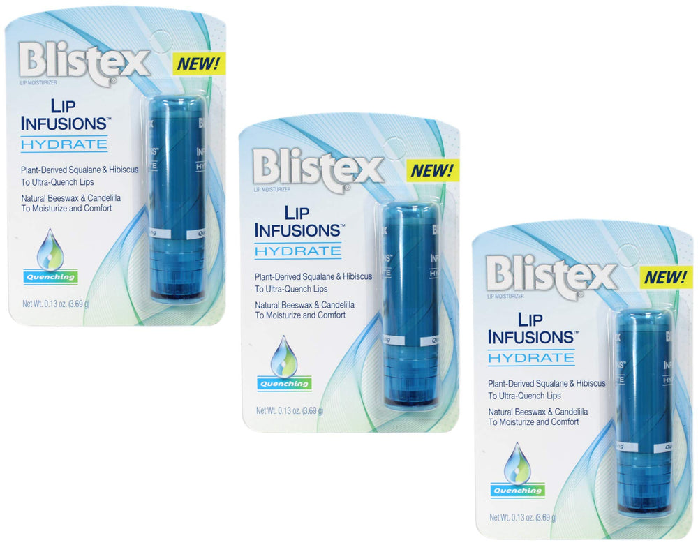 Blistex Lip Infusions Hydrate packaging front showing triple-pack for convenient lip care.