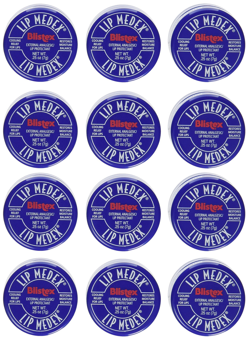 Blistex Lip Medex pack-12 image illustrates a multi-pack for lip moisture and cooling relief.