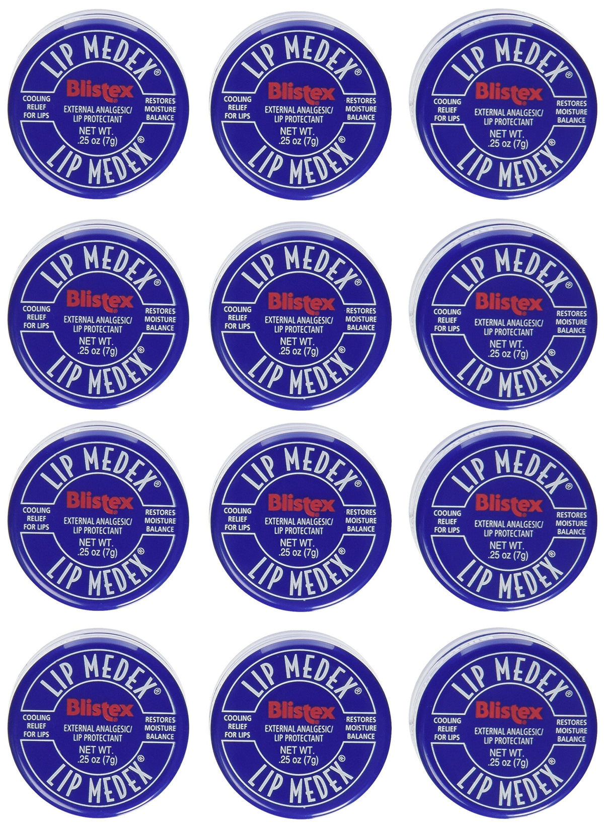 Blistex Lip Medex pack-12 image illustrates a multi-pack for lip moisture and cooling relief.