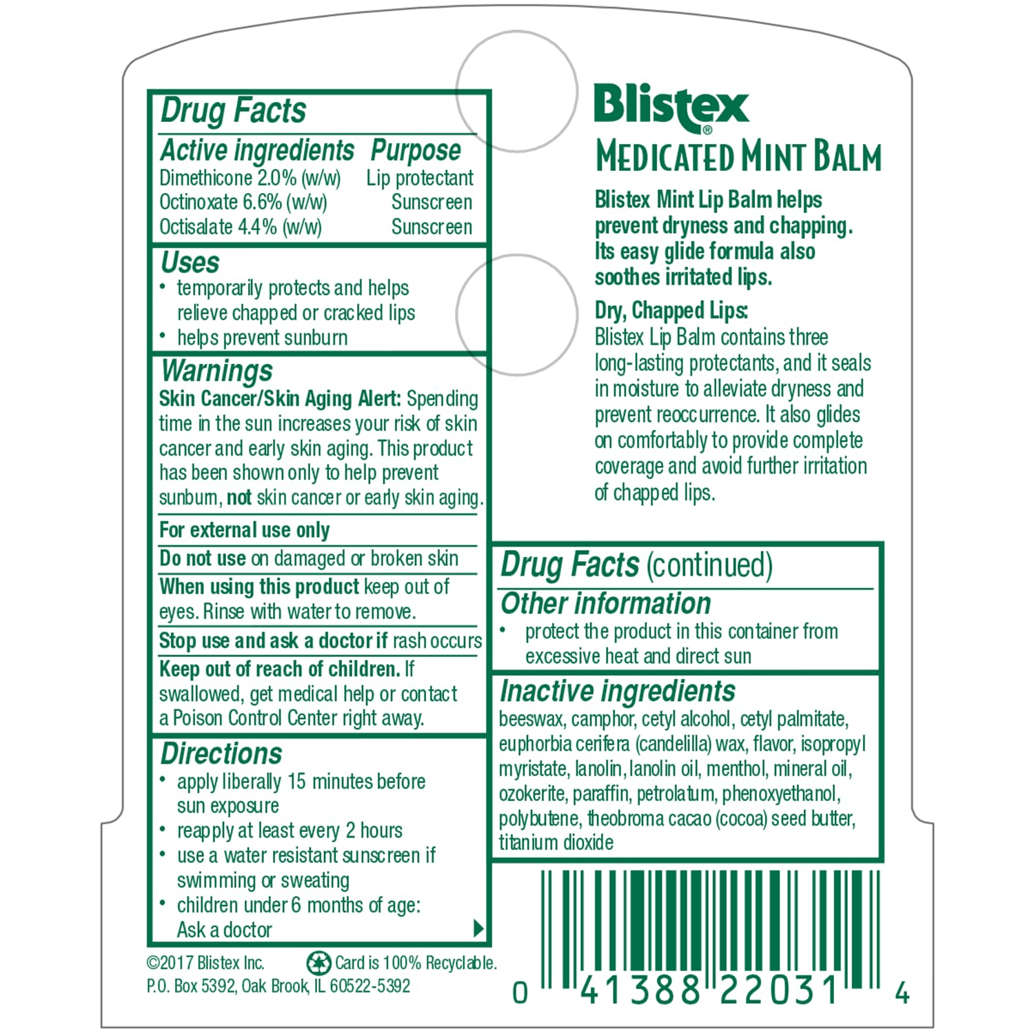 Blistex Medicated Mint Lip Balm SPF 15 label emphasizes sun protection.