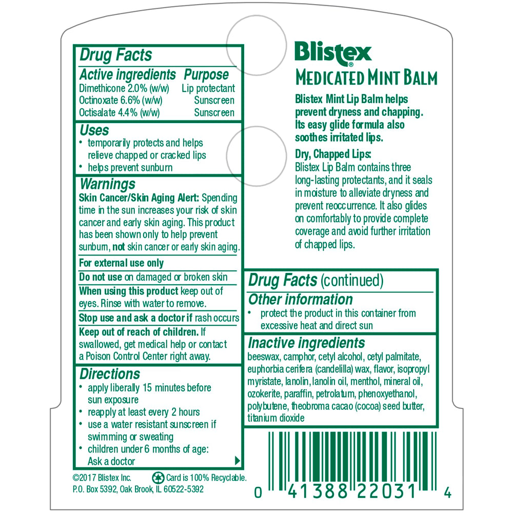 Blistex Medicated Mint Lip Balm SPF 15 label emphasizes sun protection.