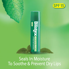Blistex Medicated Mint Lip Balm tube close-up highlights SPF 15 protection.