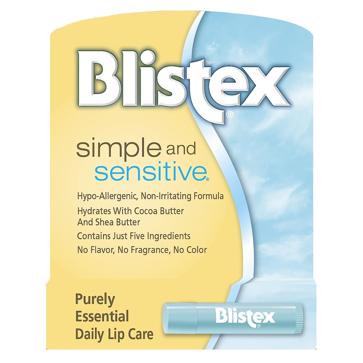 Blistex Simple and Sensitive lip moisturizer tube for gentle daily hydration.