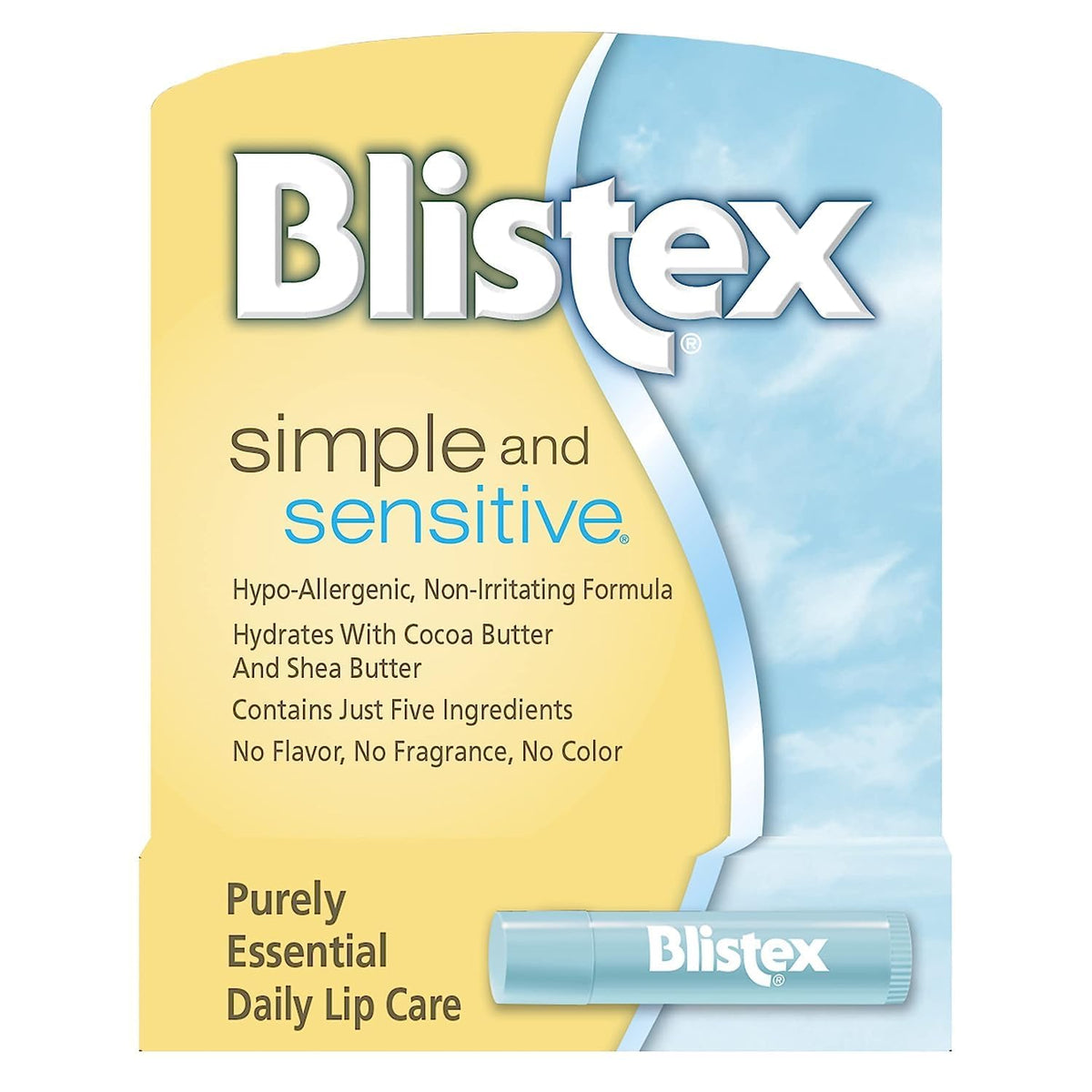 Blistex Simple and Sensitive lip moisturizer tube for gentle daily hydration.